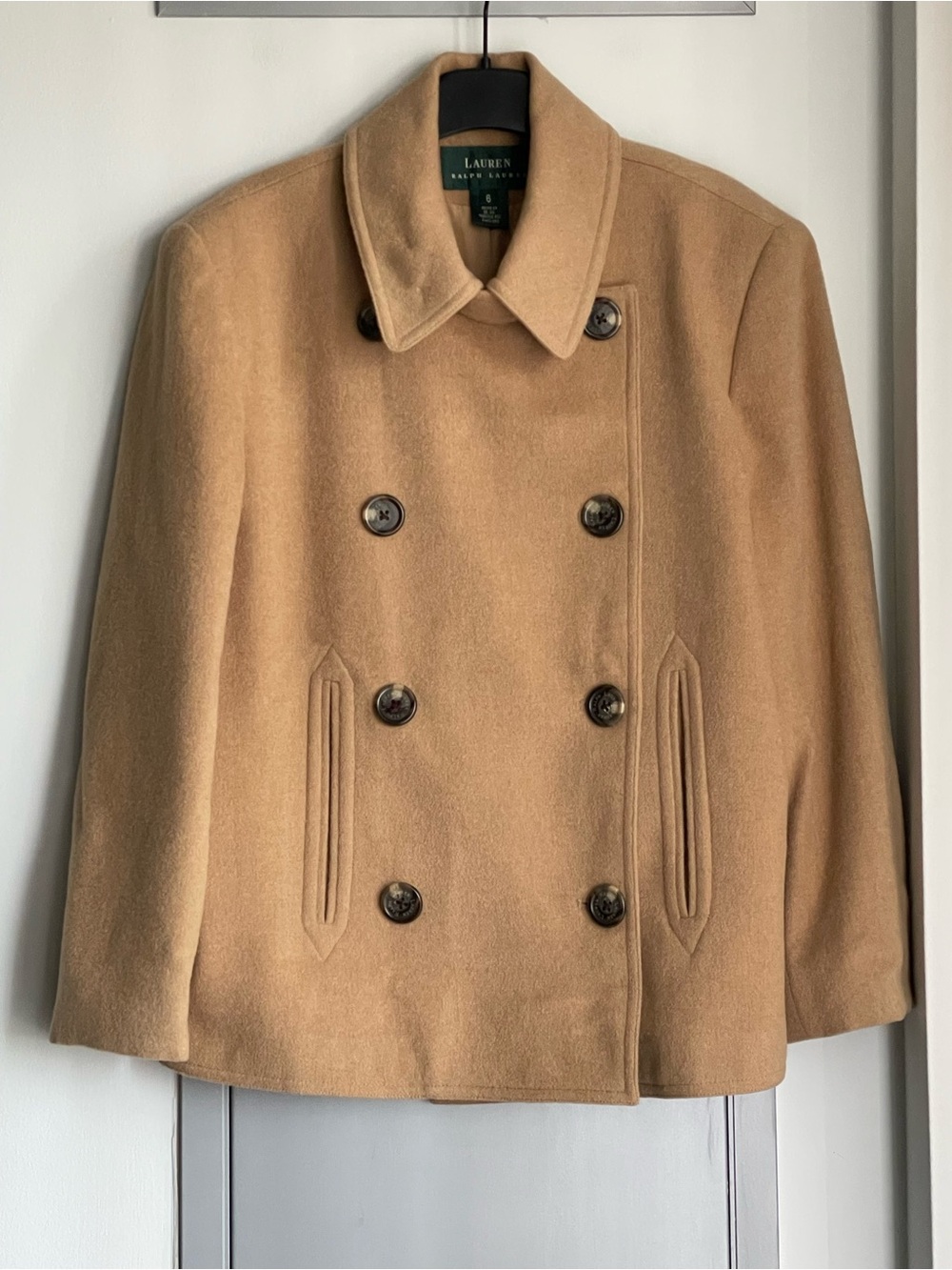 LAUREN RALPH LAUREN Tan Double-Breasted 100% Camel Hair Peacoat